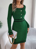 Autumn Winter Elegant Square Collar Button Long-Sleeved Sweater Bodycon Dress Women's Clothing