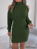 Autumn Winter Casual Cutout-Shoulder High Neck Twisted Long Sleeve Bodycon Sweater Dress Women's Clothing