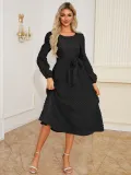 Autumn Winter Women's Elegant Slim Waist Round Neck Long Sleeve Midi Dress