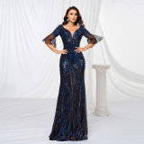 Short Sleeve V Neck Sequin Formal Party Fishtail Evening Dress Bridesmaid Dress