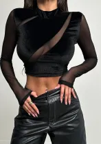 Women's Fall Sexy Velvet Patchwork See-Through Long Sleeve Tops