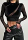 Women's Fall Sexy Velvet Patchwork See-Through Long Sleeve Tops