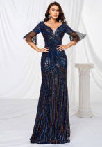 Short Sleeve V Neck Sequin Formal Party Fishtail Evening Dress Bridesmaid Dress