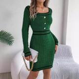 Autumn Winter Elegant Square Collar Button Long-Sleeved Sweater Bodycon Dress Women's Clothing