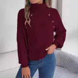 Autumn Winter Casual Solid Color Button Twisted High-Necked Long Sleeve Pullover Sweater Women's Clothing