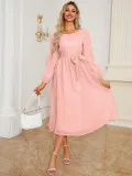 Autumn Winter Women's Elegant Slim Waist Round Neck Long Sleeve Midi Dress