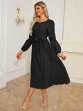 Autumn Winter Women's Elegant Slim Waist Round Neck Long Sleeve Midi Dress