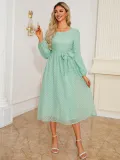 Autumn Winter Women's Elegant Slim Waist Round Neck Long Sleeve Midi Dress