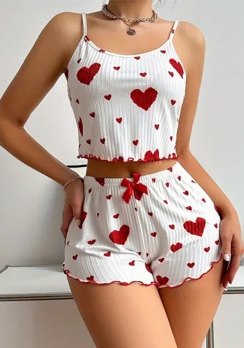Sexy Home Clothes Suit Heart Print Pajamas Strap Vest Shorts Two-Piece Set