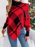 Autumn Winter Casual Contrast Plaid High-Neck Long-Sleeved Sweater Christmas Women's Clothing