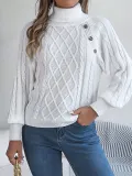 Autumn Winter Casual Solid Color Button Twisted High-Necked Long Sleeve Pullover Sweater Women's Clothing