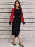 Retro Contrast Color Irregular Slim Waist Long-Sleeved Dress