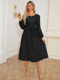Autumn Winter Women's Elegant Slim Waist Round Neck Long Sleeve Midi Dress