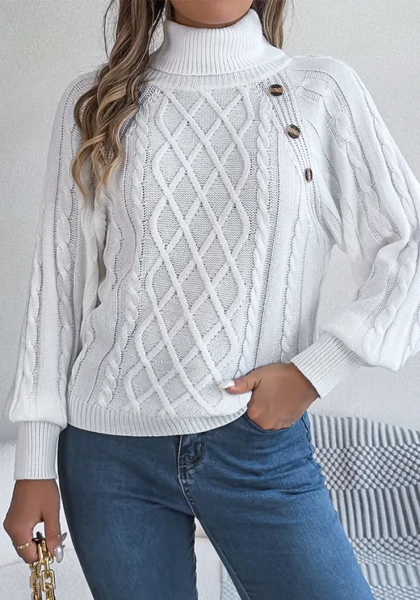 Autumn Winter Casual Solid Color Button Twisted High-Necked Long Sleeve Pullover Sweater Women's Clothing