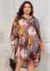 Plus Size Women polo collar leopard print long sleeve Maxi Dress
