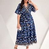 Women Spring Summer Blue Printed V-Neck Lace-Up Dress