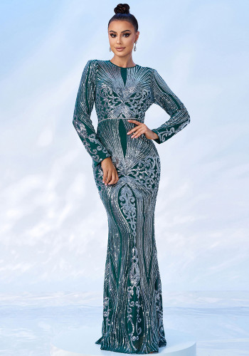 Women long sleeve Round Neck sexy sequin Formal Party Maxi evening dress