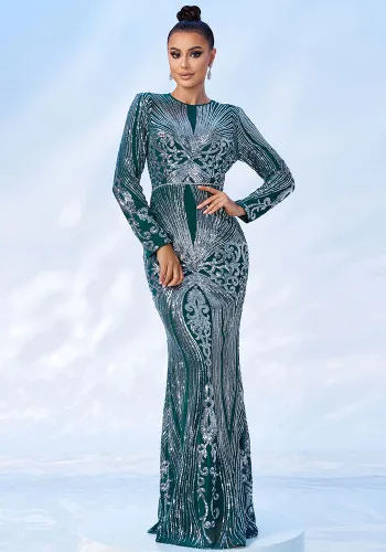 Women long sleeve Round Neck sexy sequin Formal Party Maxi evening dress