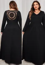 Plus Size Women Back Hollow Loose Long Sleeve Dress