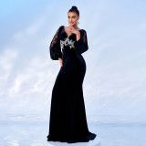 Women Long Sleeve V-Neck Sexy Velvet Formal Party Maxi Evening Dress