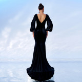 Women Long Sleeve V-Neck Sexy Velvet Formal Party Maxi Evening Dress