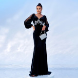 Women Long Sleeve V-Neck Sexy Velvet Formal Party Maxi Evening Dress