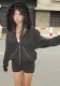 Women American Street Zipper Fur Collar Loose Long Sleeve Pocket Hoodies