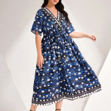 Women Spring Summer Blue Printed V-Neck Lace-Up Dress