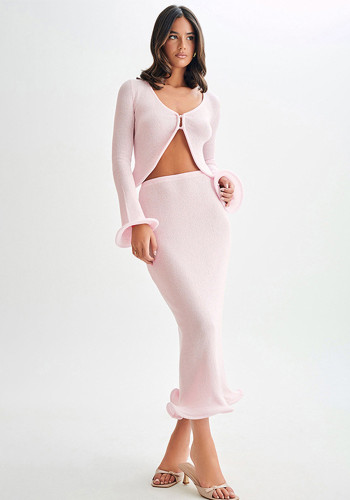 Women Long Sleeve V-Neck Cardigan Top and Fishtail Skirt Elegant Two Piece Set