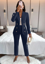 Women long-sleeved Solid Blazer and Pant Two Piece Set