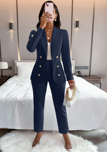 Women long-sleeved Solid Blazer and Pant Two Piece Set