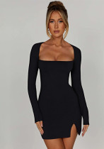 Women Solid Square Neck Long Sleeve Side Slit Hollow Backless Lace Mini Bodycon Dress