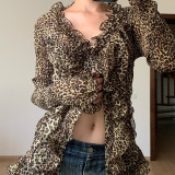 Women Sexy Ruffle Edge V Neck Animal Print Bell Bottom Sleeve Top
