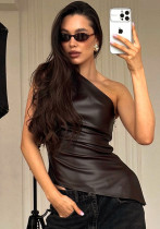 Women Autumn Solid Sleeveless One-Shoulder Slash Shoulder Zipper T-Shirt Top