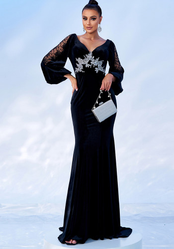 Women Long Sleeve V-Neck Sexy Velvet Formal Party Maxi Evening Dress