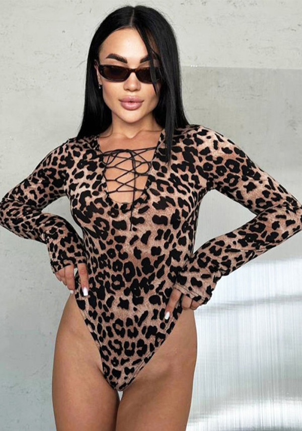 Women Autumn Tie V-Neck Leopard Print Long-Sleeved Bodysuit