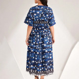 Women Spring Summer Blue Printed V-Neck Lace-Up Dress