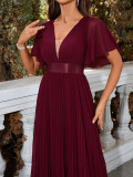 Women summer v-neck chiffon pleated evening dress