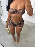 Women leopard print sexy temptation suspenders and shorts Two Piece Set