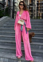 Women Casual Velvet zipper hooded top and wide-leg pants Two Piece Set