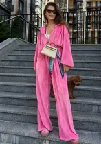 Women Casual Velvet zipper hooded top and wide-leg pants Two Piece Set