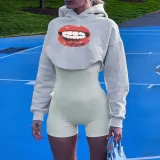 Women American Street Sports Long Sleeve Loose Big Red Lip Crop Hoodies