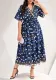 Women Spring Summer Blue Printed V-Neck Lace-Up Dress