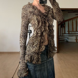 Women Sexy Ruffle Edge V Neck Animal Print Bell Bottom Sleeve Top