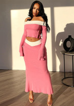 Women Off Shoulder Long Sleeve Contrast Crop Top and Skirt Two-Piece Set