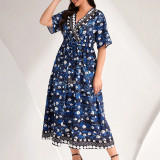 Women Spring Summer Blue Printed V-Neck Lace-Up Dress