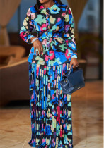 Plus Size Women Autumn Winter Printed Shirt Pleated Skirt Two Piece Set With Belt