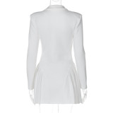 Women Solid Long Sleeve Pleated Sexy V Neck Blazer Dress