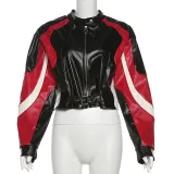 Autumn Winter Women's Fashion Contrast Slim Round Neck Pu Leather Jacket Coat