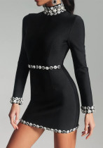 Sexy Fashion Slim Long Sleeve Bandage Beaded Women's Short Dress
